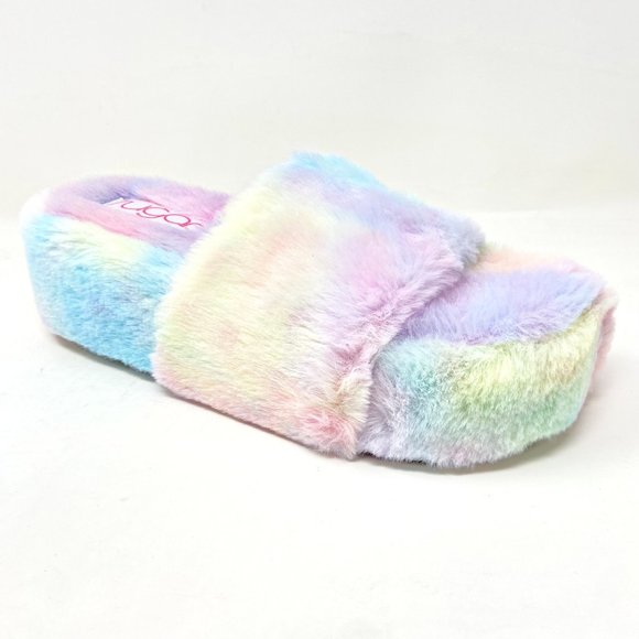Sugar Wryde Tie Dye Platform Womens Fluffy Slip On Fur Warm Slipper Sandals - Picture 2 of 5